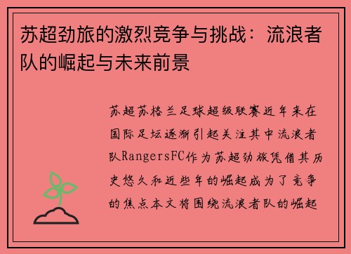 苏超劲旅的激烈竞争与挑战:流浪者队的崛起与未来前景 苏超劲旅的激烈竞争与挑战:流浪者队的崛起与未来前景